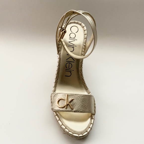 Calvin Klein Karla Gold Leather Espadrille Platform Wedge Slingback Sandals 9.5 - Picture 7 of 13